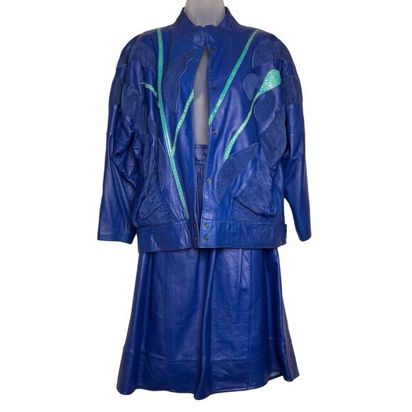 Vintage 80s Size Small Blue Leather Skirt Pants Skirt Suit Set Snakeskin Suede - Picture 3 of 16